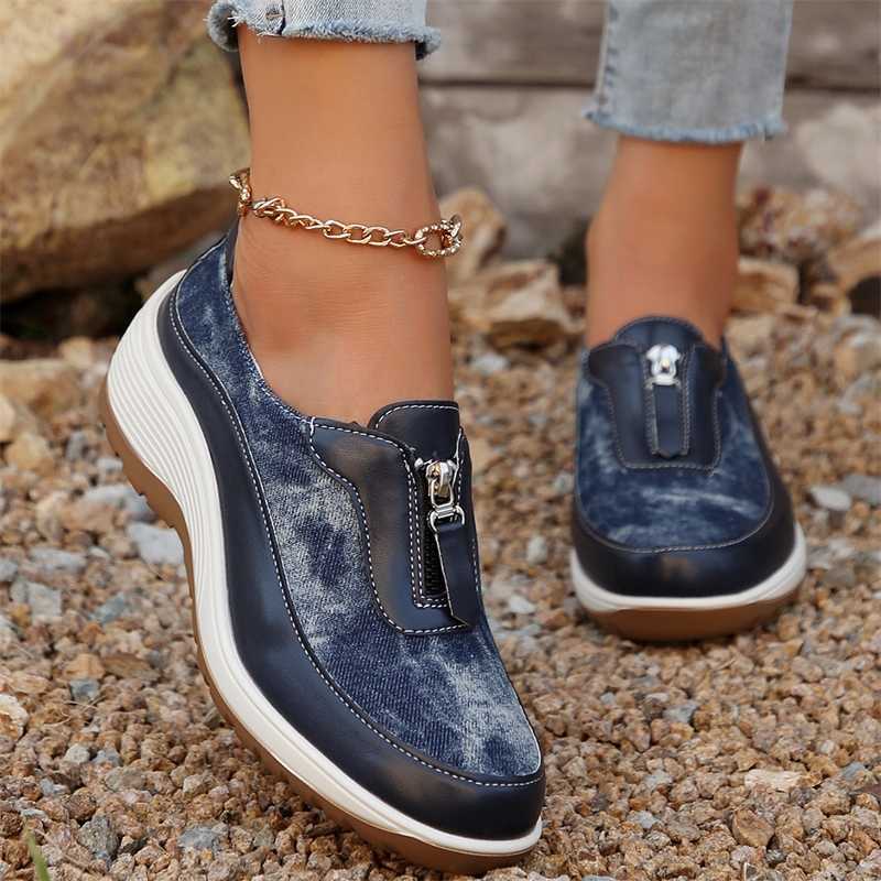 Womens lightweight wedge sports shoes 2024 autumn comfortable casual sports shoes Womens Plus size 43 front zipper platform sports shoes Y241007