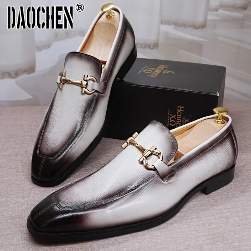 Men Leather Shoes Black White Horsebit Loafers Slip on Formal Men Dress Shoes Wedding Office Casual Shoes For Men 240927