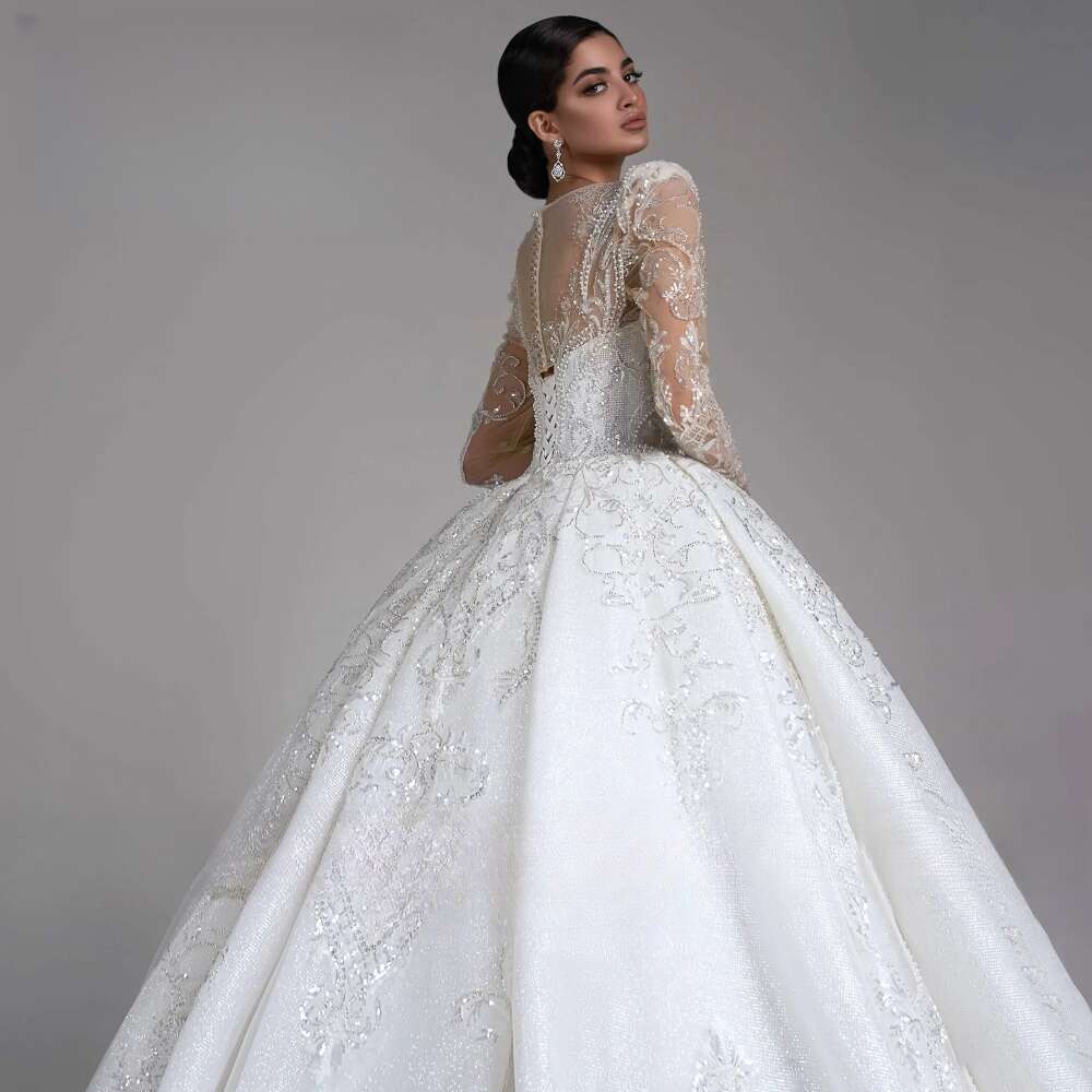Sparkly Ball Gown Wedding Lace Sequin Beaded O Neck Long Sleeve Tulle Bride Marriage Formal Dress