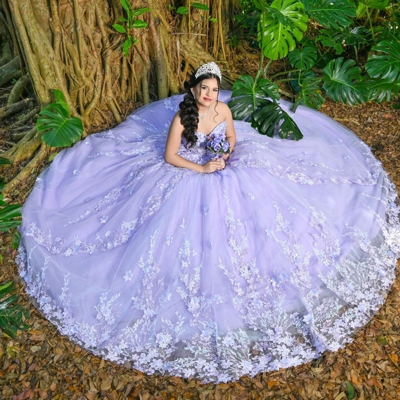 Lavender Lilac Off The Shoulder Quinceanera Dresses Birthday Party Lace Applique Beading Tull Mexican Sweet 16 Dress Vestidos De XV 15 Anos