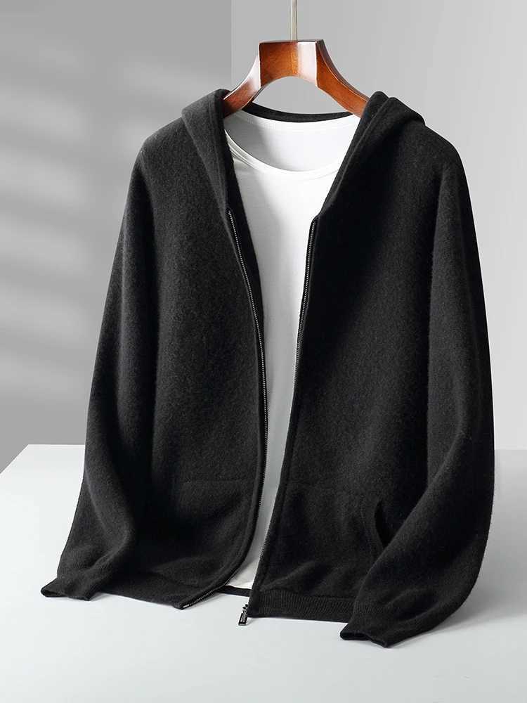 Mens cashmere sweater long sleeved hooded zipper autumn and winter casual loose 100% Merino wool knitted soft and comfortable clothing top W241007