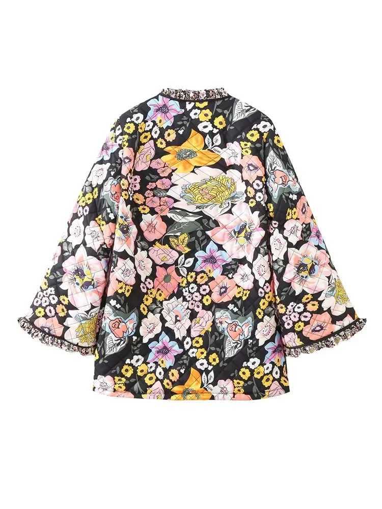 TRAF Flower Winter Coat for Women Quilted Jacket Parkas Woman Autumn Winter Printed Vintage Jacket Tweed Warm New in OuterwearX241007