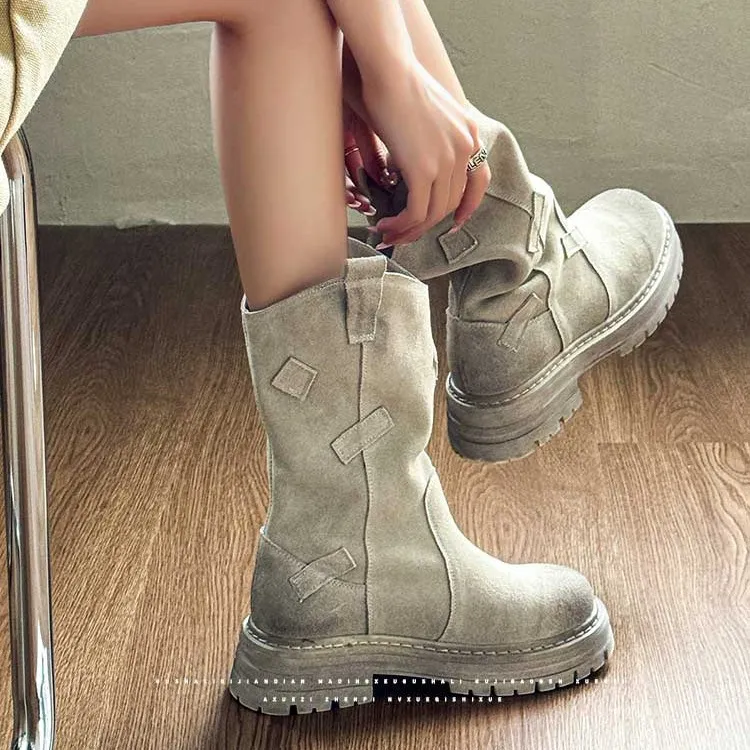 Vintage Style Designer Womens Outdoor Mid-Calf Boot For Summer - Lightweight Short Martin Booties Brown Grey Short Boots