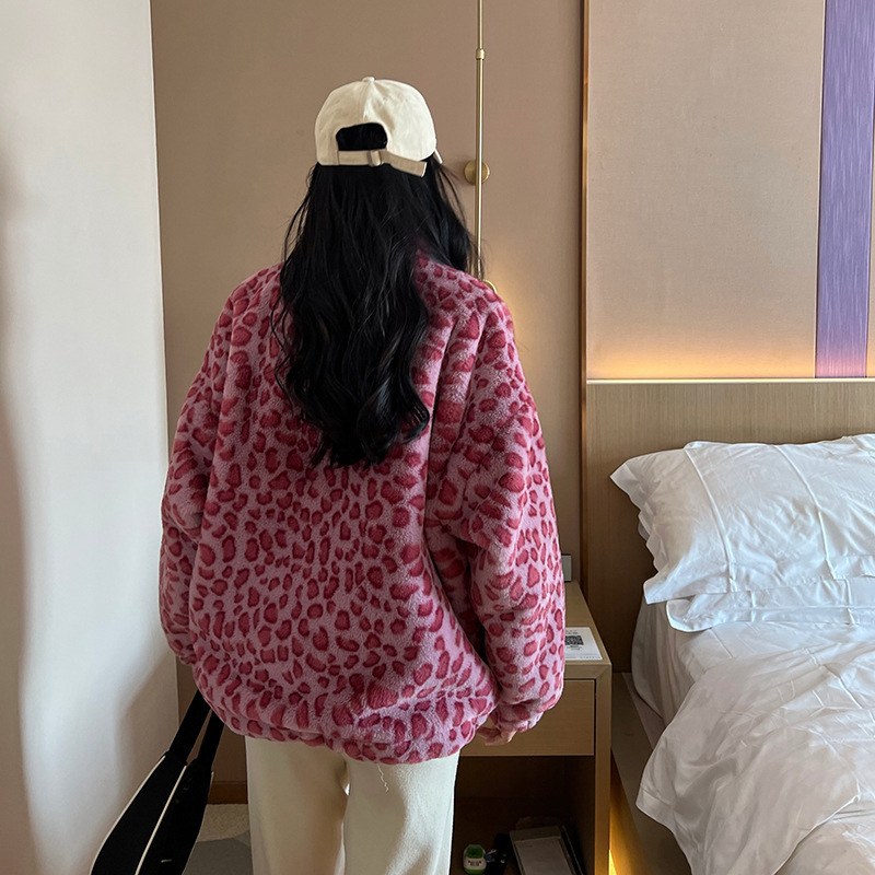 Pink Leopard Faux Fur Coat For WomenV Kawaii Winter JacketsV Fake Furry OvercoatV Zipper Fluffy JacketV Plush Cozy CoatV 2024
