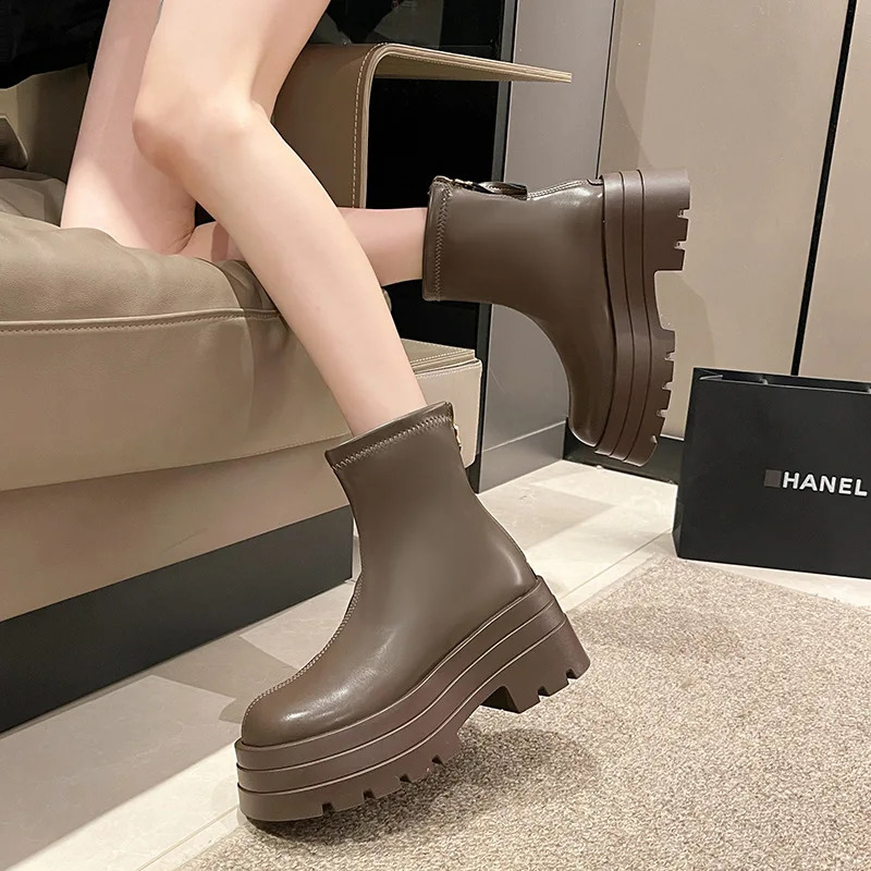 Platform Ankle Boot 2026 Thick Bottom Fashion Short Rounded Head Zipper Black y Boots Female dh2334238