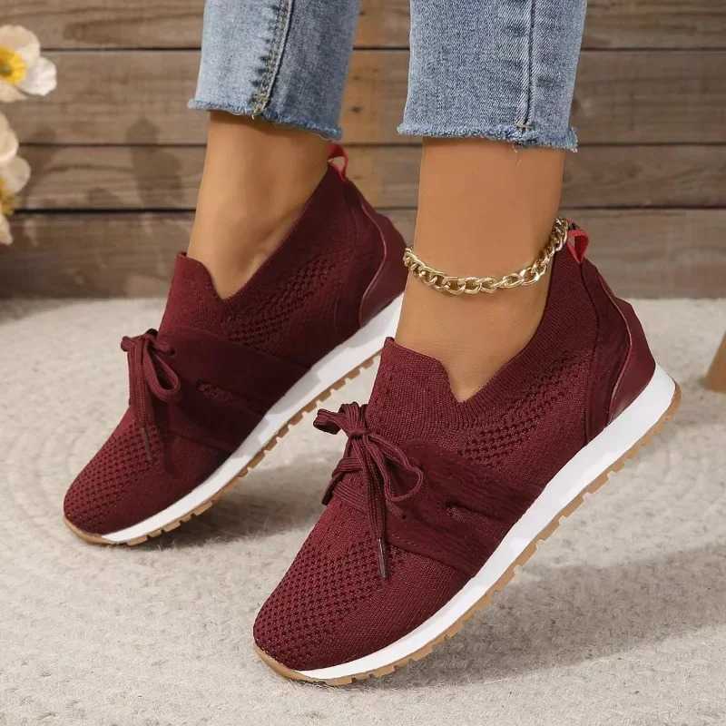 2024 Brown Knitted Breathable Womens Sports Shoes New Platform Flat Shoes Womens Plus Size 43 Anti Slip Casual Shoes Mesh Tenis De Mujer Y241007