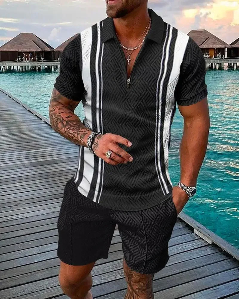 Mens streetwear summer trend plain printed mens casual zipper collar polo shirt and shorts 2-piece set 240930