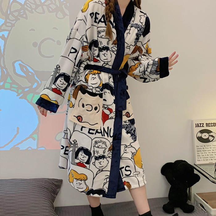 Designer Couple Nightgown Autumn And Winter Women's Sleepwear Thickened Coral Fleece 2024 New Cartoon Bathrobe Men's Home Wear