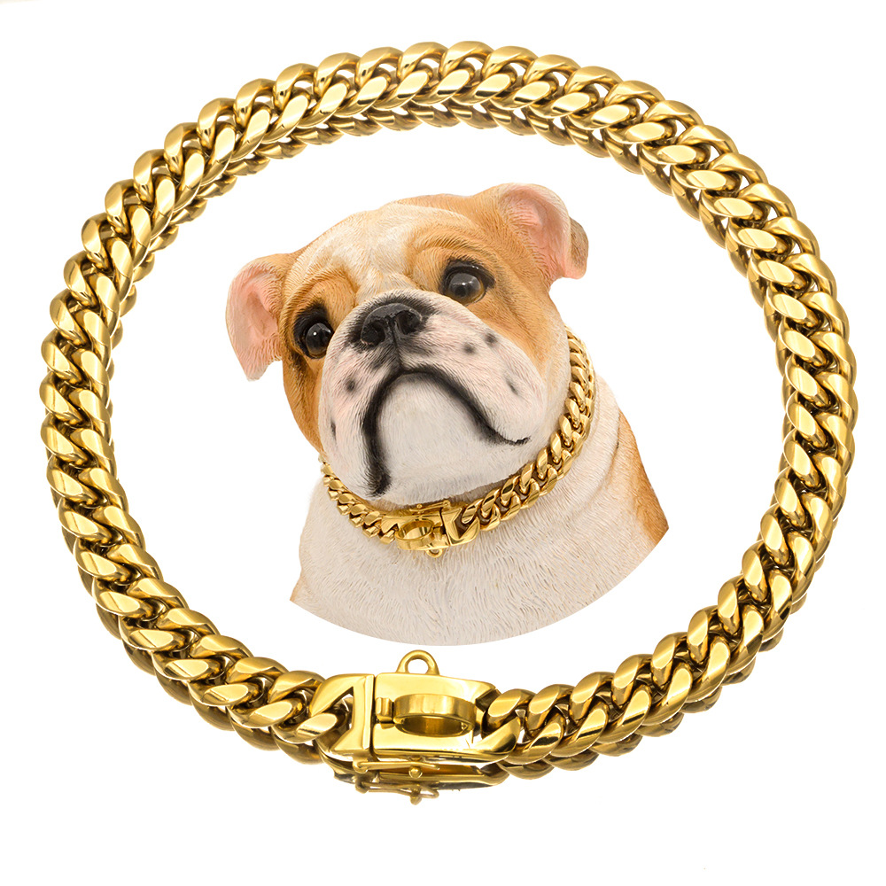 Gold Stainless Steel Cuban k Chain 14mm Wide Metal Pet Necklace for Small Medium Large Dog Collar Product