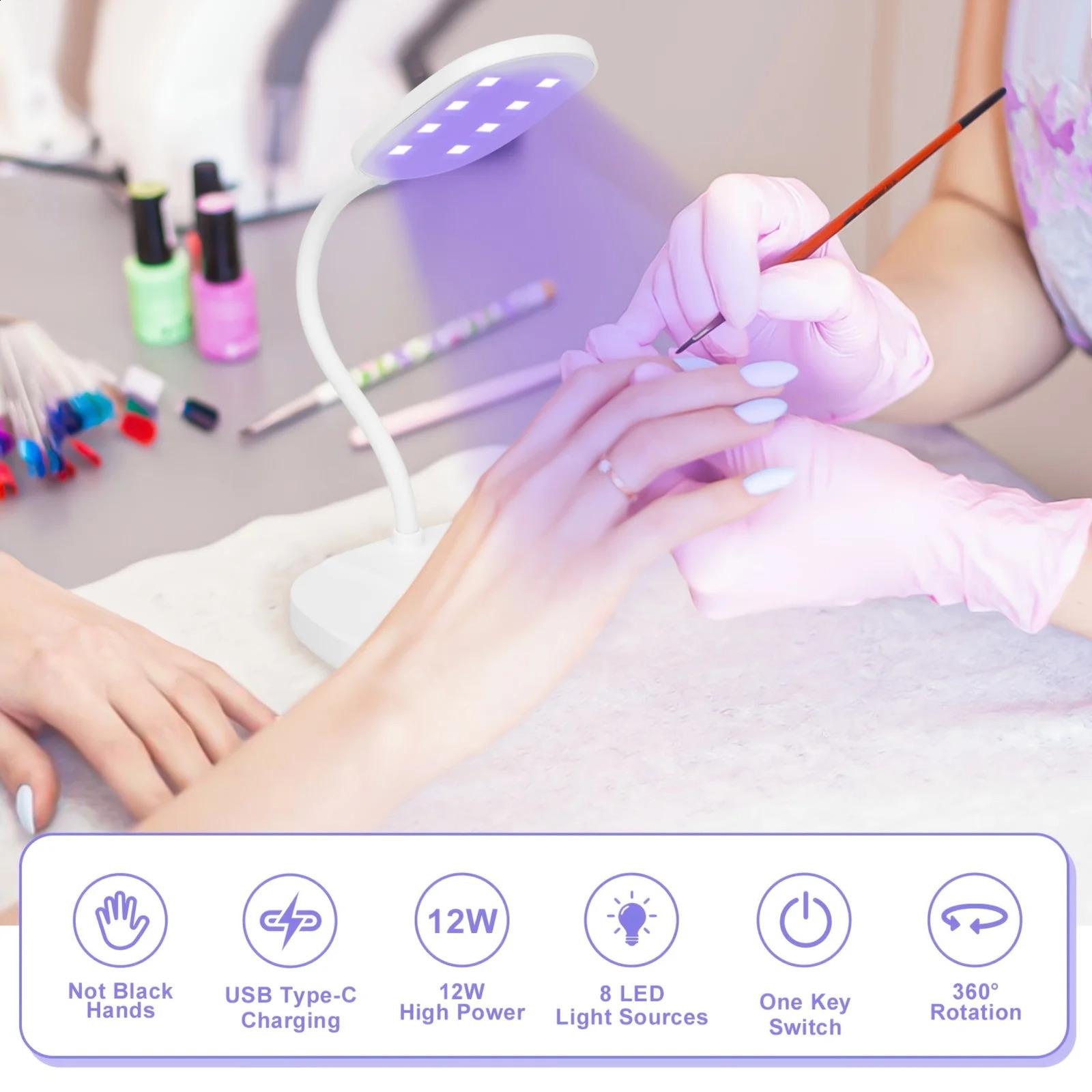 Rechargeable LED Nail Light Lamp Nail Dryer Portable Gooseneck Gel Light Foldable USB For Polish Drying Manicure Tools 240925