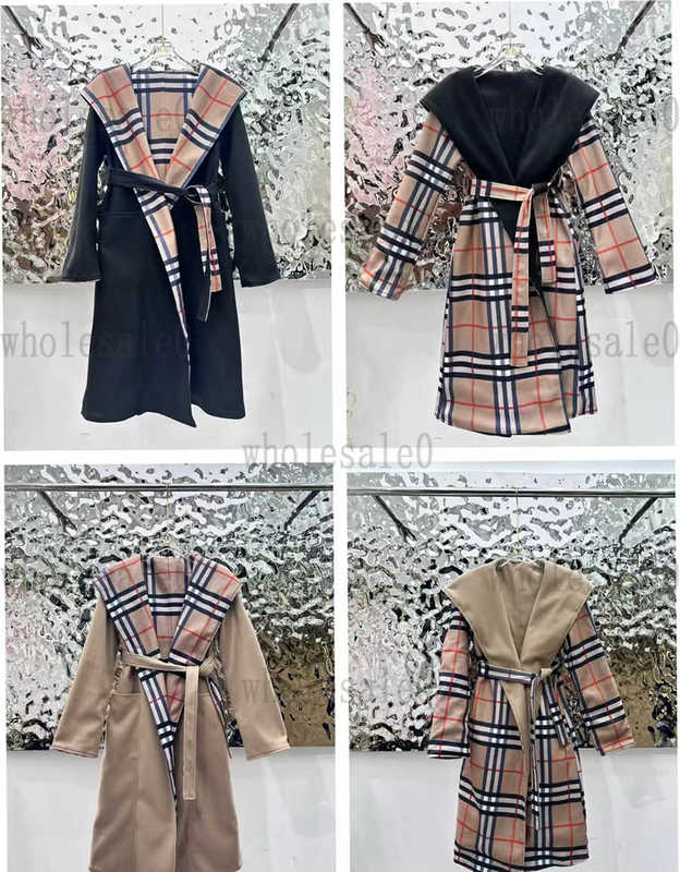 Designer Women's high-end new pure wool hooded coat fashion striped waist cashmere Wool high quality reversible jacket Loose long hoodie RQ4G