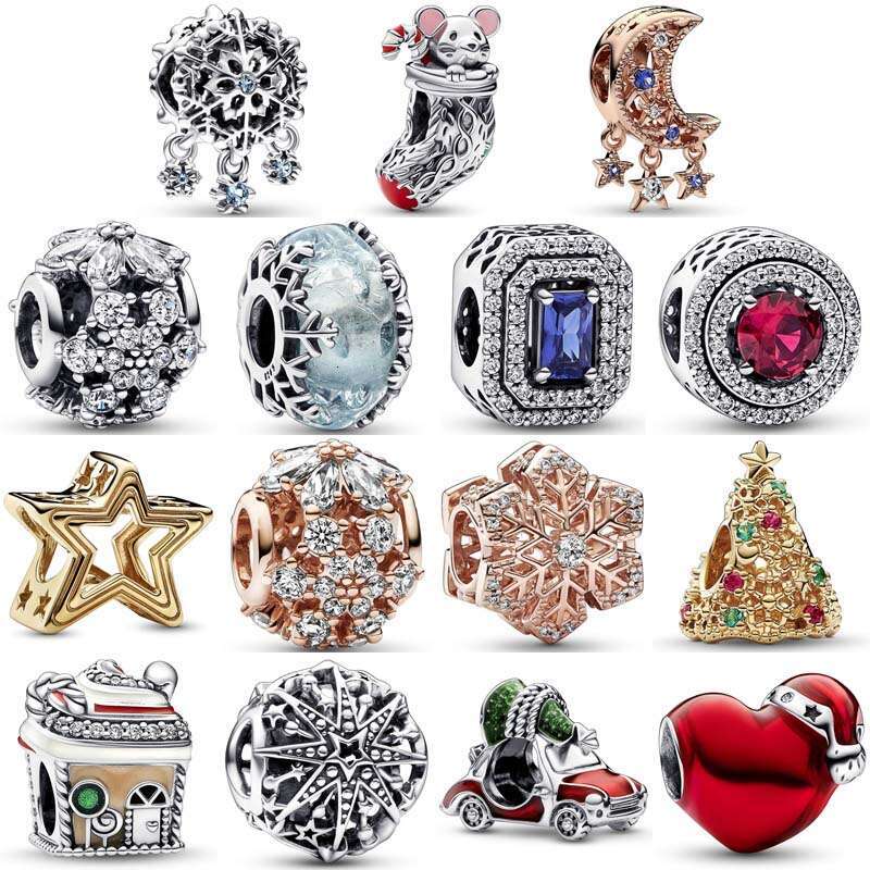 925 New Sterling Silver Herbarium Cluster Snowflake Star Car Gingerbread House Mouse Stocking Bead Charm Fit Bracelet Jewelry