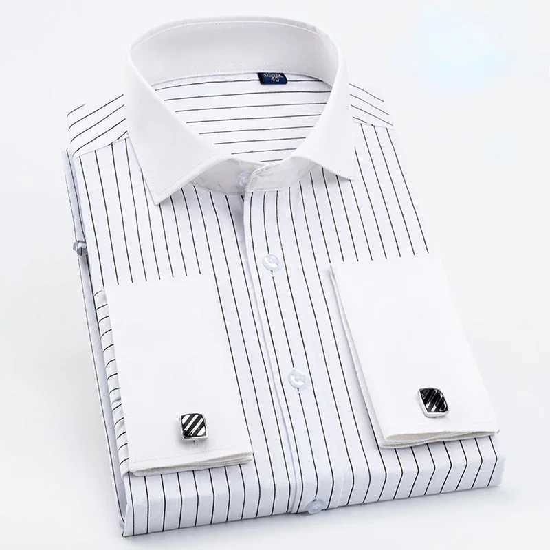 High quality mens French cufflinks shirt hidden button mens shirt long sleeved casual slim fit cufflinks dress shirt (including cufflinks) X241007