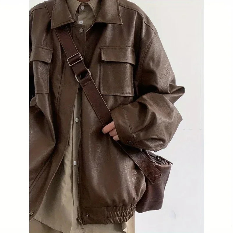 Motorcycle Leather Jacket Men Bomber Pilot Retro Loose Pu Short Coat Japanese Casual Streetwear Multi Pocket Trend Outwear 250225