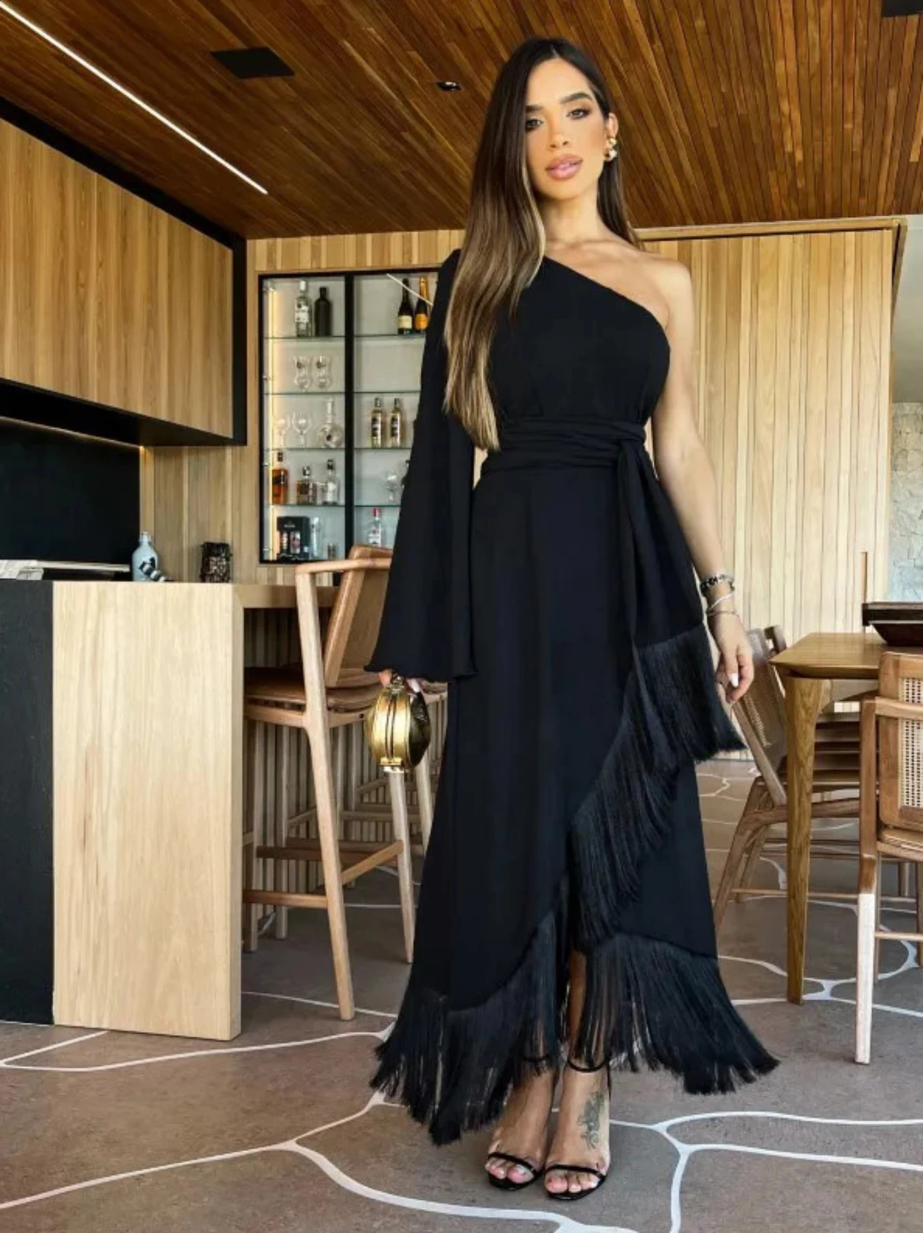 Solid Womens One Shoulder Sexy Long Dress with Ruffles and Fluffy Stiff Swinging Evening 241007