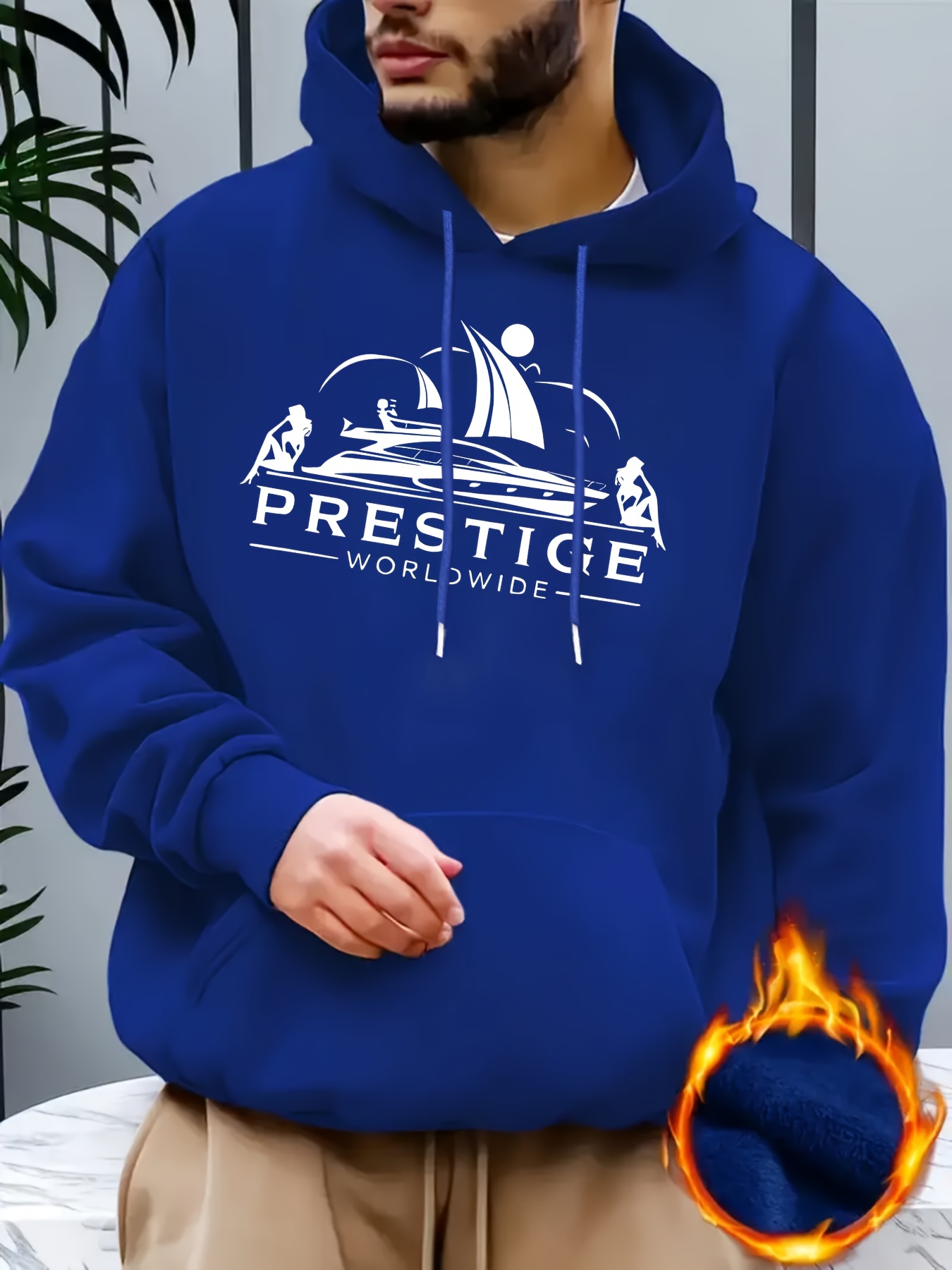 Men's Prestige Worldwide Yacht Graphic Hoodie - Casual Polyester 100% Hooded Sweatshirt with Slight Stretch, Regular Fit Knit Fabric Long Sleeve 