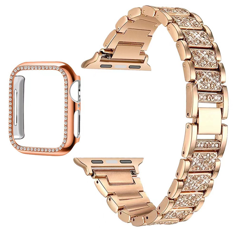 watchband case + With Apple Watch Band 46mm 45mm 49mm Women Bling Diamond Rhinestone Metal Strap Jewelry Replacement Wristband for iWatch 10 9 Ultra 2