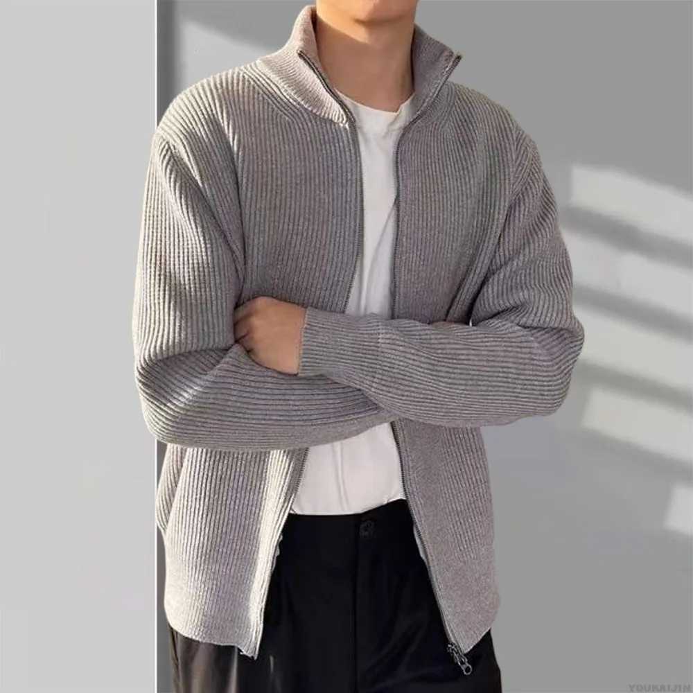 Mens Korean cardigan long sleeved slim fit full zip sweater spring and summer stand collar casual knitted cardigan W241007