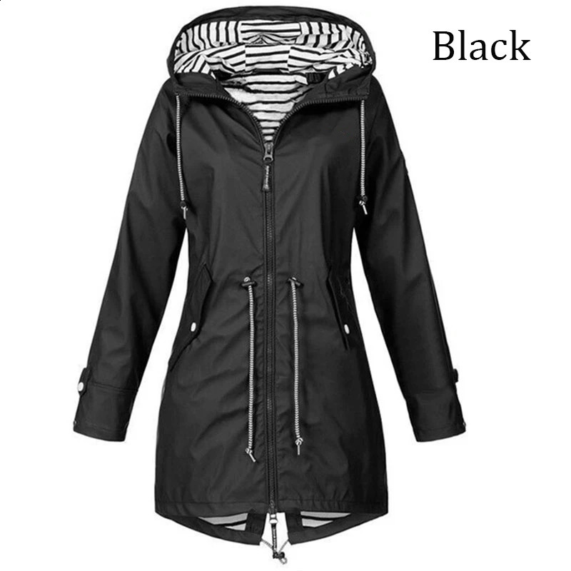 Fashionable womens windproof and waterproof windbreaker long sleeved jacket casual pants zipper hooded raincoat S~5XL 241007