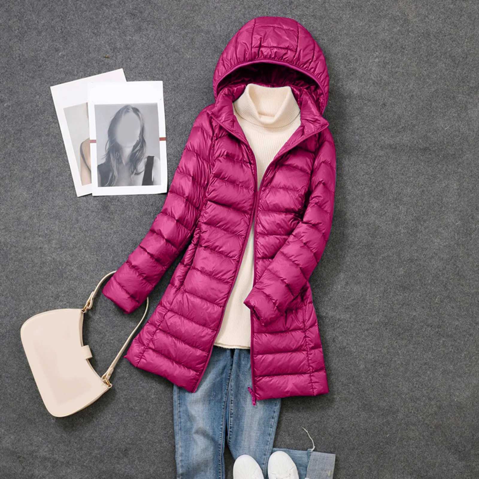 Winter Womens Down Jackets Long Ultra Light Thin Casual Coat Puffer Jacket Slim Hat Detachable Hooded Parka Portable OutwearX241019