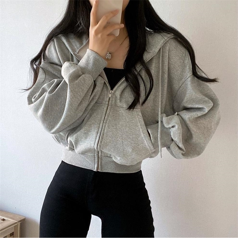 Women Autumn Winter Short Hooded Hoodies Solid Casual Streetwear Zip Up Sweatshirts Long Sleeve Loose Jackets Harajuku Y2K Tops 240930