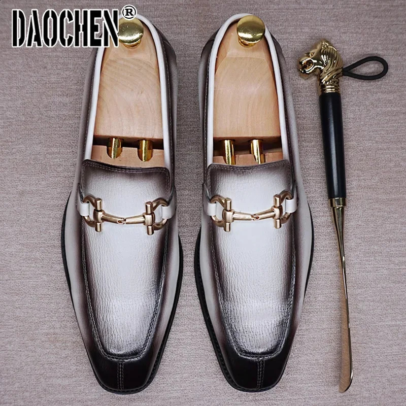 Men Leather Shoes Black White Horsebit Loafers Slip on Formal Men Dress Shoes Wedding Office Casual Shoes For Men 240927