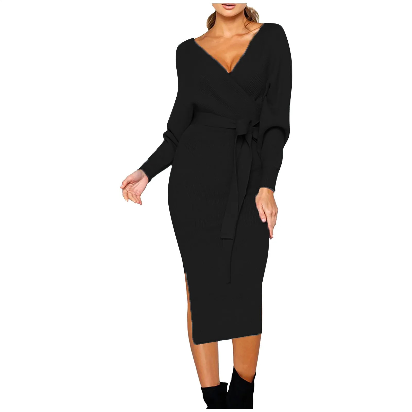 Womens Knitted Sweater Dress Packaging with Tunic Midi Vestitos Long Sleeve Vneck Split Style Casual Autumn Office 241007