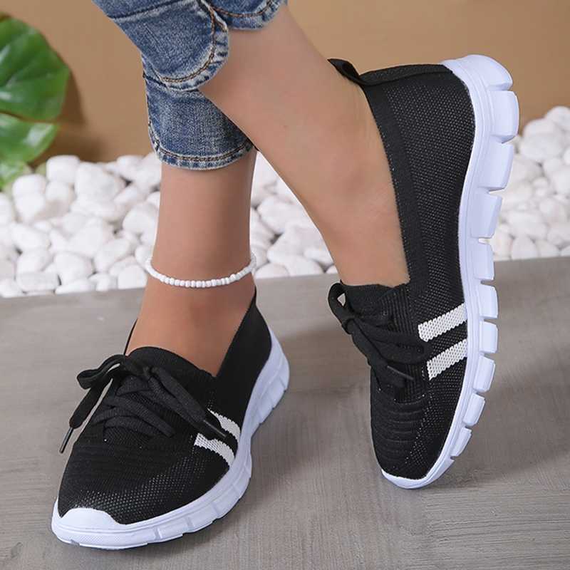 Mesh knit striped flat shoes for women 2024 summer lace up casual sports shoes for women breathable soft sole Loafers Plus size 43 Y241007
