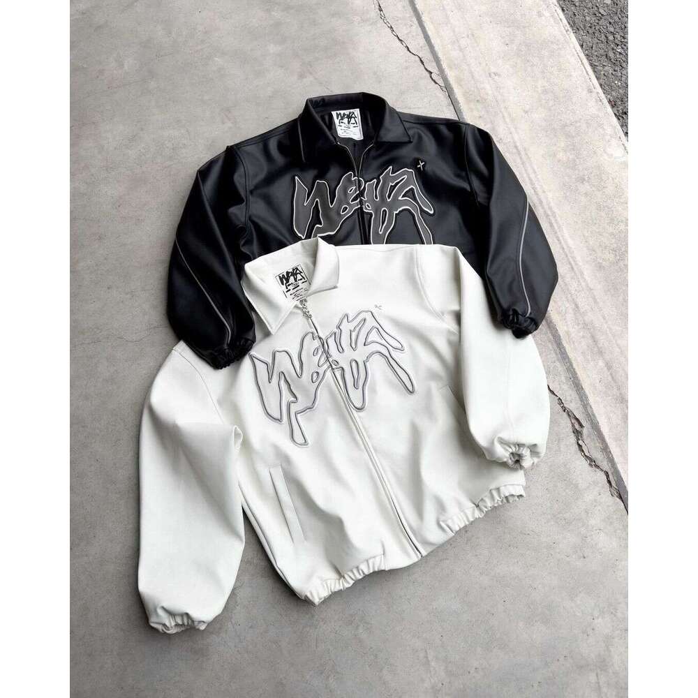 Hip Hop Retro Letter Pattern For Men Y2k Haruku Fashion Pu Leather Jacket Long Sleeve Zipper Jackets Coat Streetwear