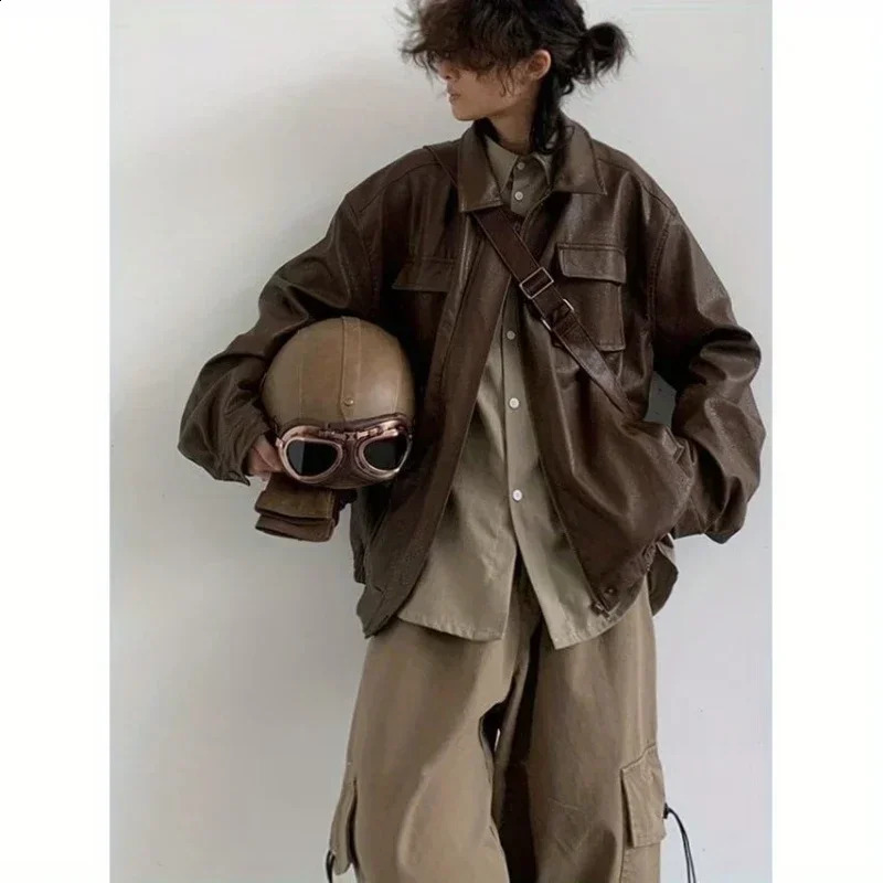 Motorcycle Leather Jacket Men Bomber Pilot Retro Loose Pu Short Coat Japanese Casual Streetwear Multi Pocket Trend Outwear 250225