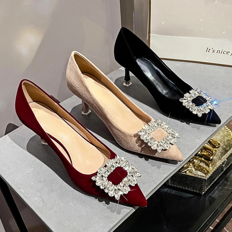 Suede Rhinestone High Heels Office Womens Shoes Pointed Toe Pumps Womens Stiletto High Heels Party Dress Shoes er Bridal Shoes 240925