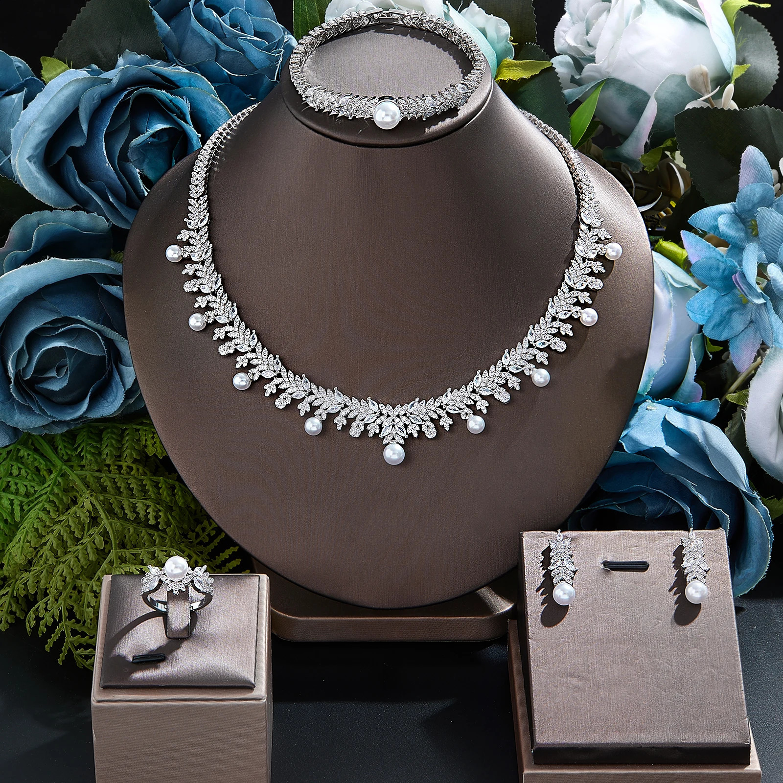 2024 Cube Zirconia Pearl Necklace Earring Set 4 Womens Wedding Party Full Zirconia Dubai Bridal Jewelry Set 241007