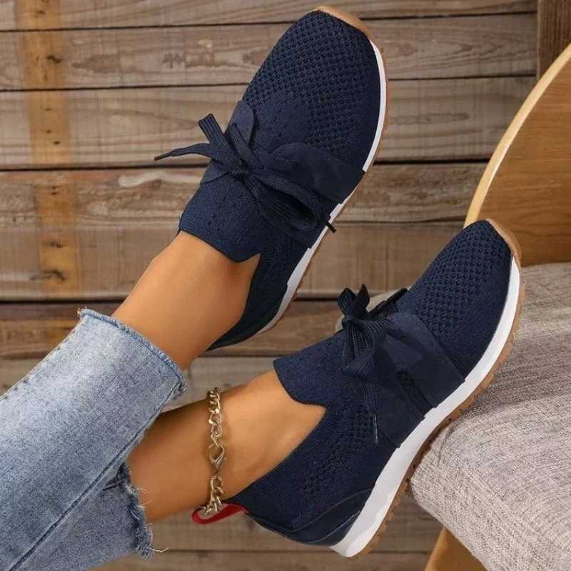2024 Brown Knitted Breathable Womens Sports Shoes New Platform Flat Shoes Womens Plus Size 43 Anti Slip Casual Shoes Mesh Tenis De Mujer Y241007