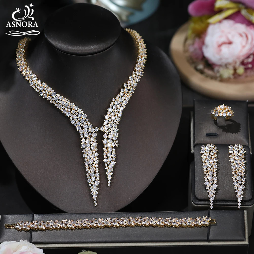Sparkling Cubic Zirconia Drop Earrings Necklace Heavy Dinner Dubai Nigeria Bridal Wedding 4-piece Jewelry Set X0086 241007