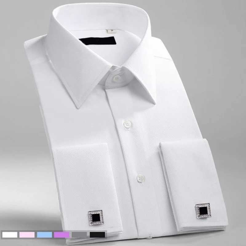 M~6XL Mens French Cufflinks Dress 2023 New White Long Sleeve Formal Business Button Mens Shirt Regular Suitable Cufflinks Shirt X2410071