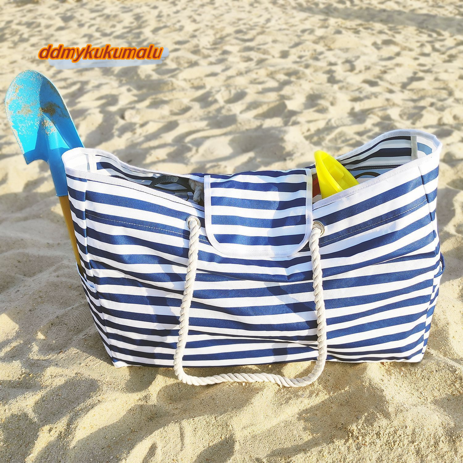 Oxford Cloth Open Pocket Summer Large Capacity Beach Bag Blue and White Striped Handbag H6.27#23 ddmykukumalu
