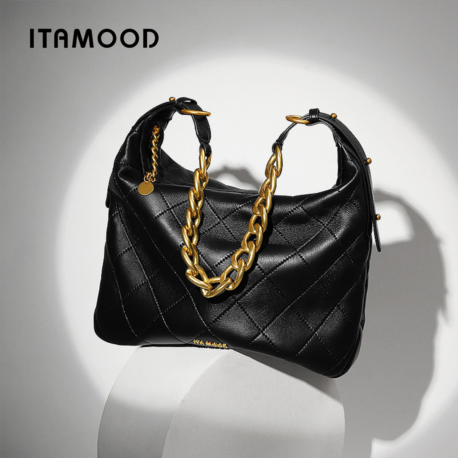 ITAMOOD Genuine Leather Shoulder Branded And Quilted Tote Bag With Gold Color Chain Strap Large Capacity Handbag