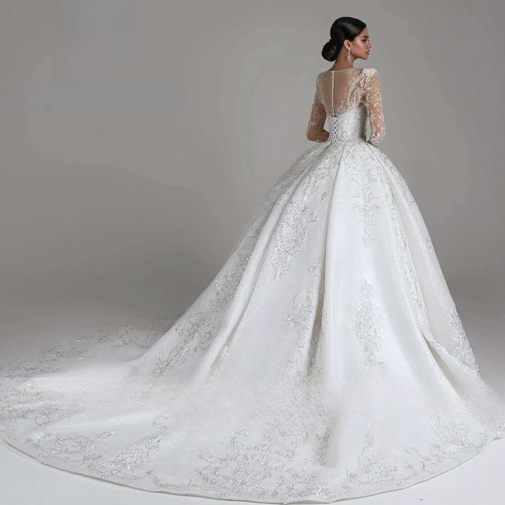 Sparkly Ball Gown Wedding Lace Sequin Beaded O Neck Long Sleeve Tulle Bride Marriage Formal Dress