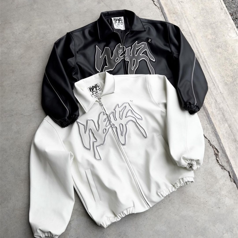 Hip Hop Retro Letter Pattern Jackets for Men Y2k Harajuku Fashion Pu Leather Jacket Long Sleeve Zipper Jackets Coat Streetwear y240930