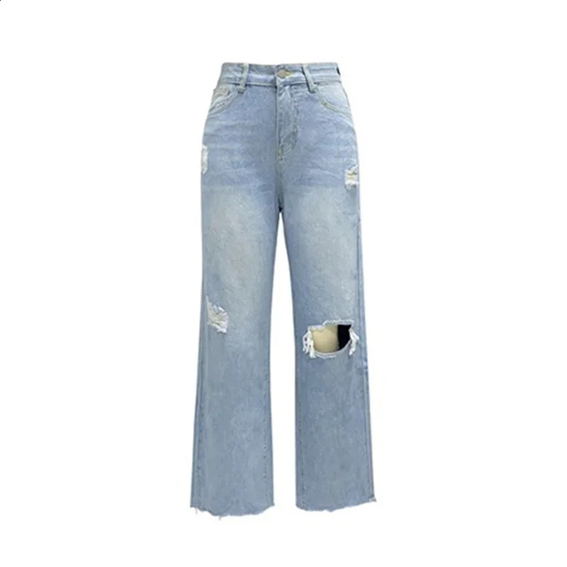 Women Knee Broken Holes Trend Straight Jeans Fashion Comfortable Casual High Waist Denim Pants Female Loose Wide Leg Trousers 241007