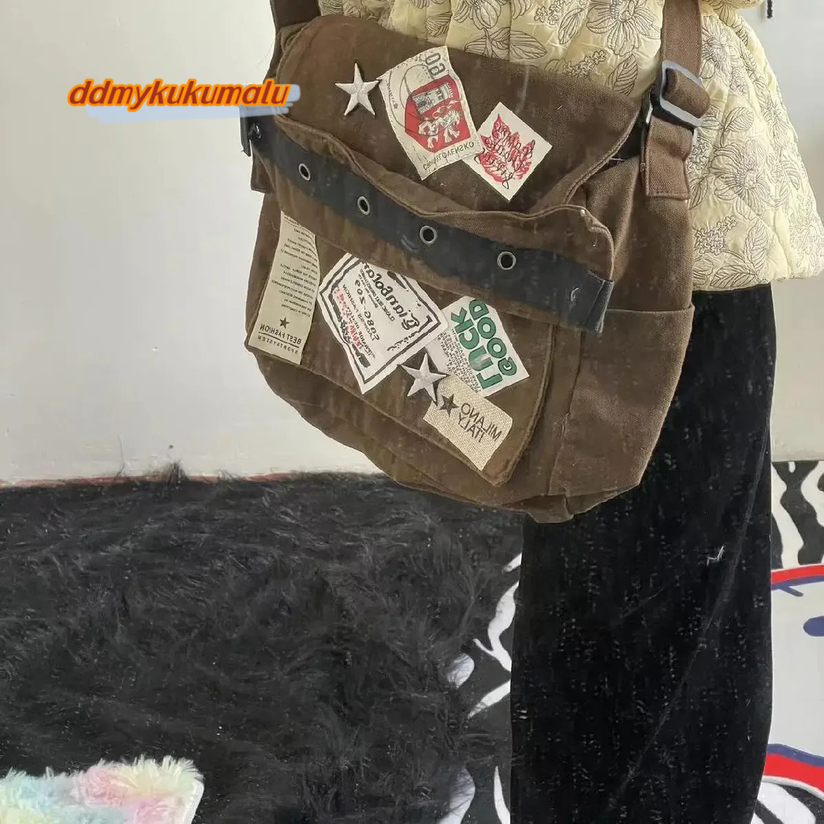 Unique Vintage Messenger Canvas Bag for Women Star Patch Students School Crossbody Bags American Fashion Retro Female Handbags H7.4#37.38 ddmykukumalu