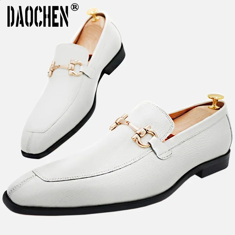 Men Leather Shoes Black White Horsebit Loafers Slip on Formal Men Dress Shoes Wedding Office Casual Shoes For Men 240927