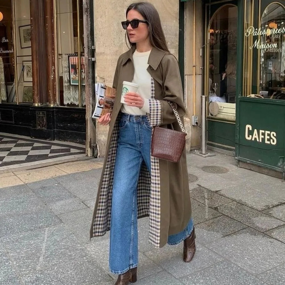 Women Long Trench Coats Elegant Khaki Lapel Single Breasted Casual Jackets Autumn Winter Fashion Plaid Lined Chic Outwear 2024 240930