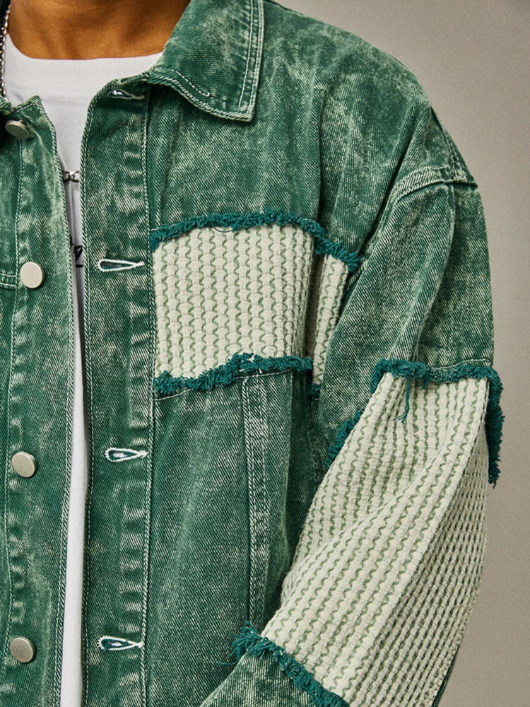 Vintage Denim Jackets Men Patchwork Frayed Irregular High Street Harajuku European Style Retro Fashion Fitness Hip Hop Daily 241007 - view 7