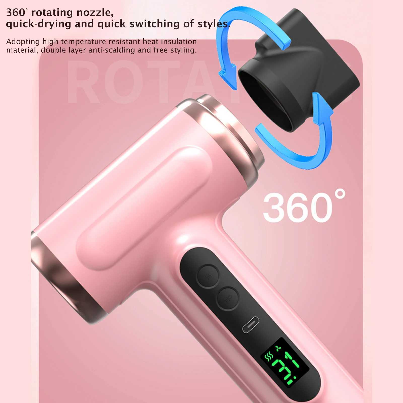 Handheld Wireless Hair Dryer USB Recharge Display Screen Cold Warm Wind Dryer for Dormitory/Travel Strong Wind Low Noise 3 GearsXJ241021