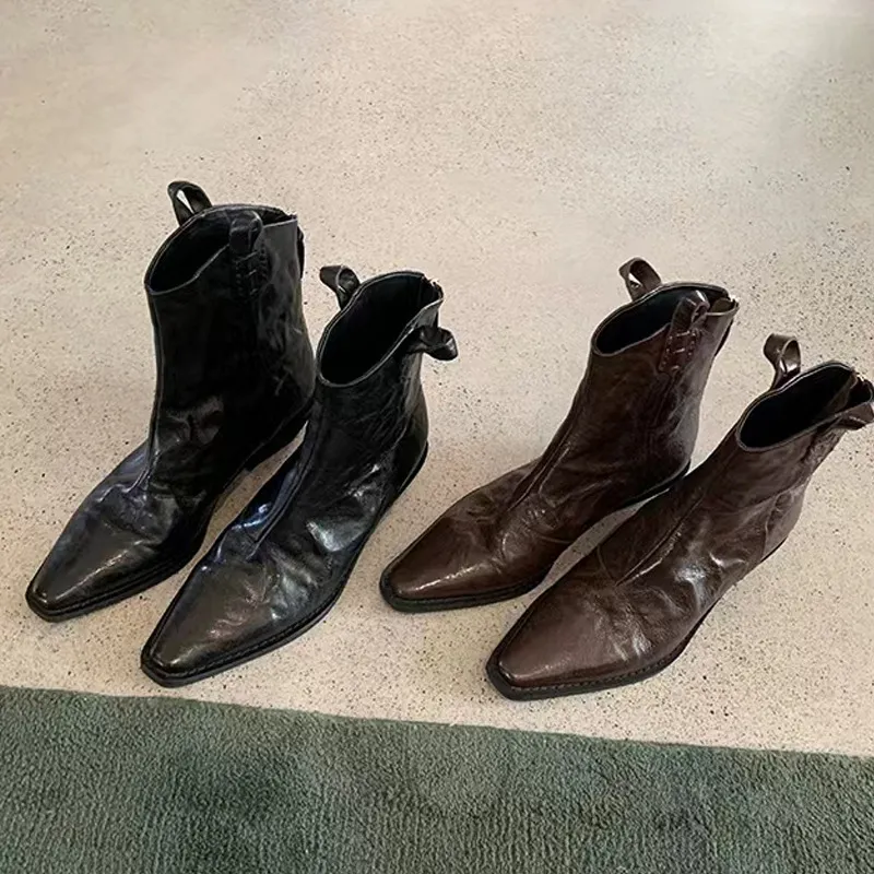 Vintage Style Wrinkled Short - Autumn Winter Denim Skinny Western Shoes Women's Boots Cowboy Boot Short Booties