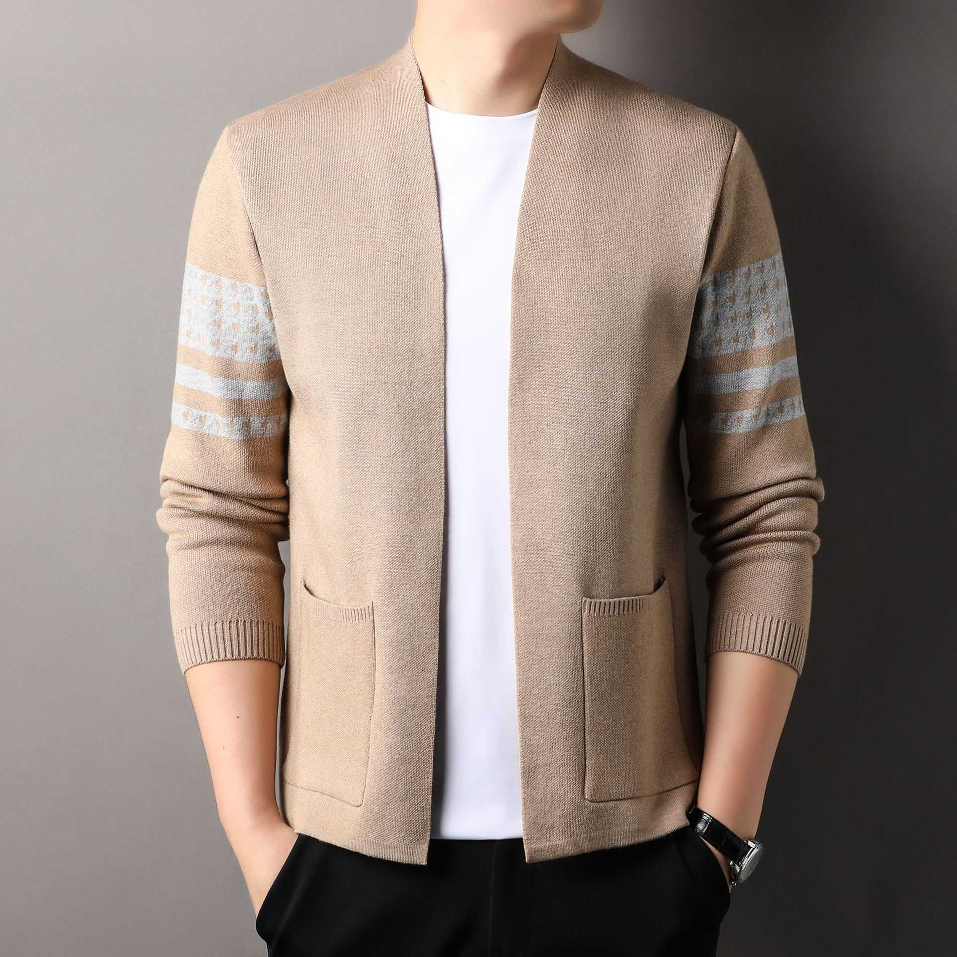 New mens knitted sweater cardigan for spring and autumn Korean version casual and versatile fashionable sweater for outerwear simple and trendy jacket