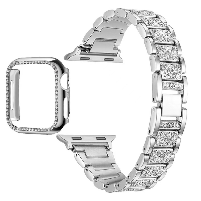 watchband case + With Apple Watch Band 46mm 45mm 49mm Women Bling Diamond Rhinestone Metal Strap Jewelry Replacement Wristband for iWatch 10 9 Ultra 2