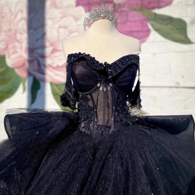 Luxury Black Crystals Ball Gown Quinceanera Dresses Appliques Lace Off The Shoulder Beads Sweet 16 Dress Vestidos De 15 Anos