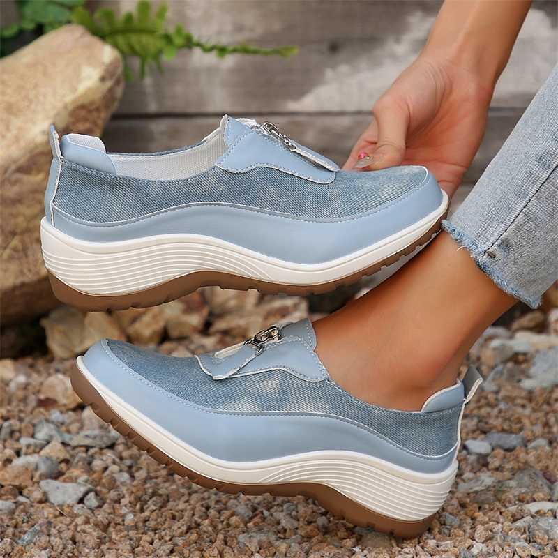 Womens lightweight wedge sports shoes 2024 autumn comfortable casual sports shoes Womens Plus size 43 front zipper platform sports shoes Y241007